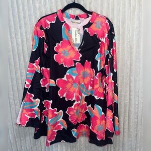 Women's Floral Tunic Top - Black with Pink & Teal Accents